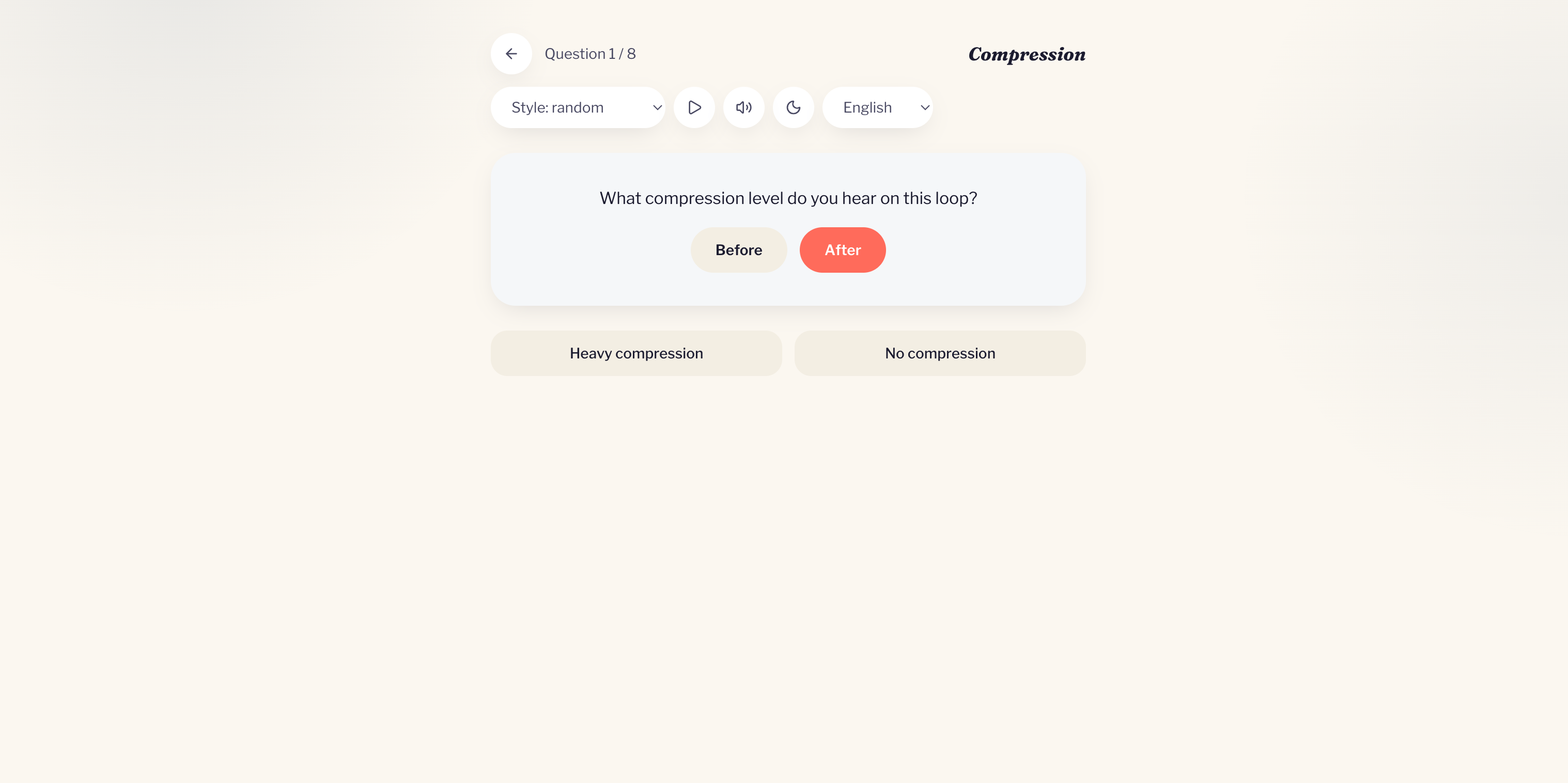 A Compression exercise in Earlytics, asking how much compression is audible on a loop, from no compression to heavy compression