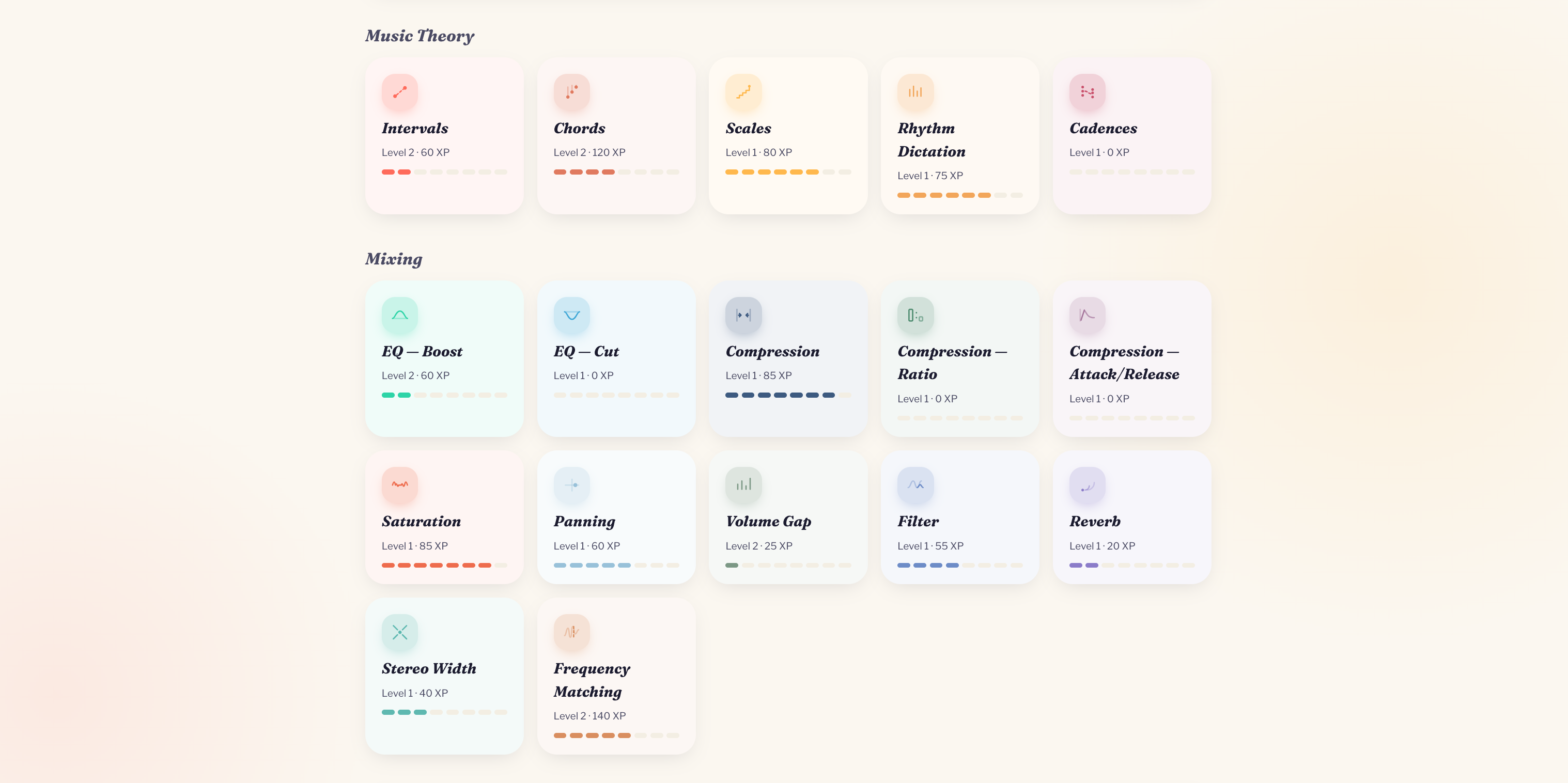The Earlytics dashboard, showing separate Music Theory and Mixing categories each tracked with their own level and XP
